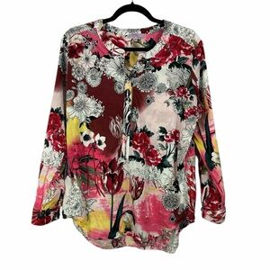L Day Made In Spain Floral Button Blouse Multicolor Cotton Blend Long Sleeve XXL